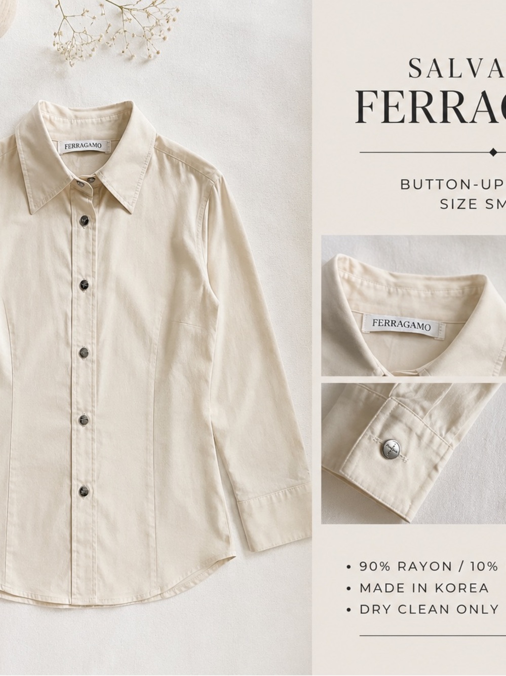 Salvatore Ferragamo Beige Button-Up Blouse Top Small Italy Luxury Minimalist
